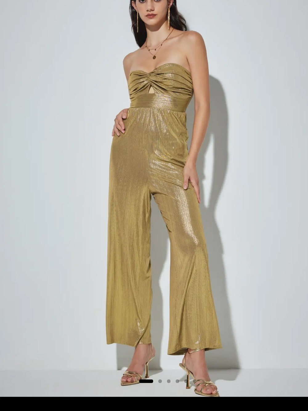 NWT Cider Bronze twist out metallic strapless wide leg jumpsuit size Large